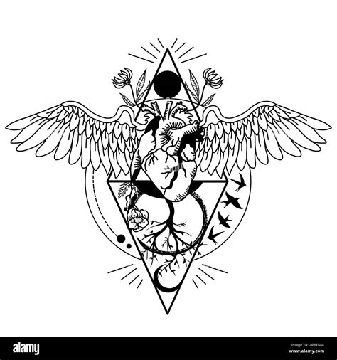 Line Art Winged Heart With Flowers Tattoo Geometric Illustration Black