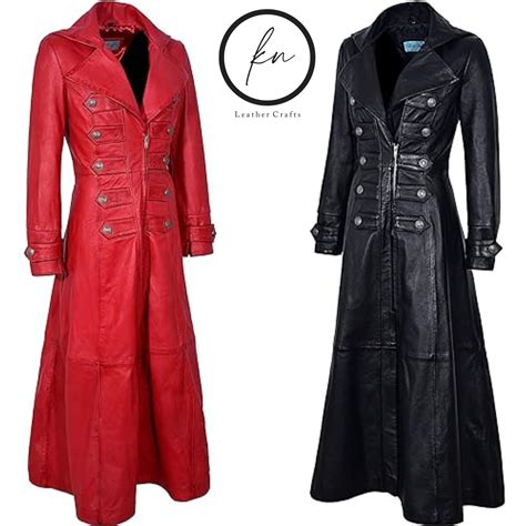Real Leather Gothic Long Trench Coat Red Steampunk Leather Trench Coat ...