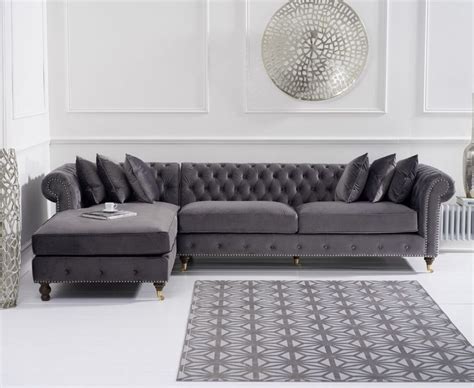 Grey Velvet Chaise Corner Sofa Left Facing Homegenies