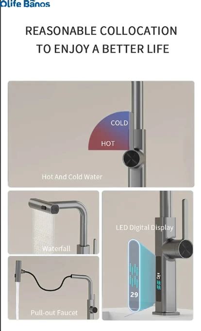 Hot Style Gold Led Digital Display Temp Different Spray Options Waterfall Pull Out