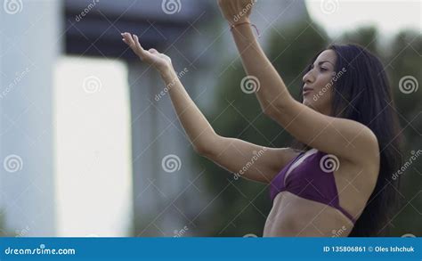 Beautiful Dancing And Singing Brunette In Swimsuit Having Fun On The Party Outdoor Stock Video