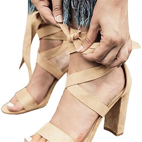 Fashion Sandals Shoes Beige Nude Chunky Ankle Strappy Sandal Pumps Lace Up High Heels Open