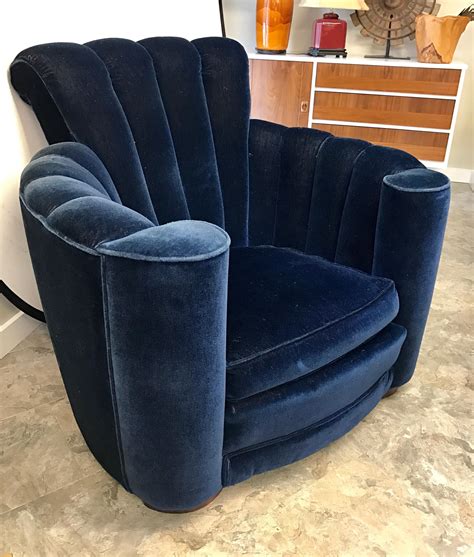 Art Deco Scalloped Upholstered Blue Velvet Large Club Chair Armchair