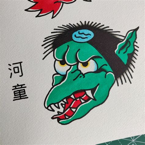 Raijin And Kappa Japanese Traditional Tattoo Flash Sheet Painting Irezumi