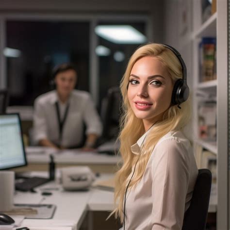 Premium Ai Image A Blonde Woman Wearing Headphones Sits At A Desk With A Man In The Background