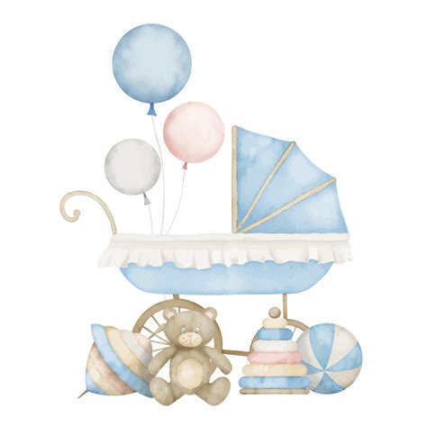 Newborn Baby Boy Composition With Pram And Kid Toys In Pastel Blue And