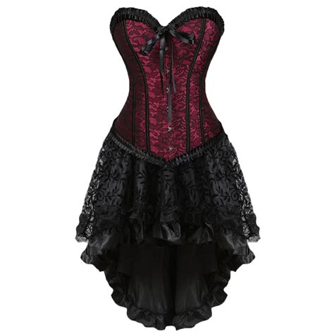 Wipalo Plus Size Gothic Floral Lace Up Corset Dress Showgirl Clubwear