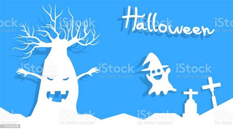 White Silhouette Ghost And Evil Tree With Spooky Forest In Halloween