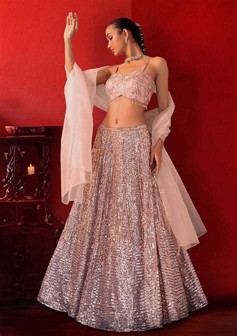 Buy Women Rose Gold Sequin Striped Embroidered Lehenga Set With Blouse