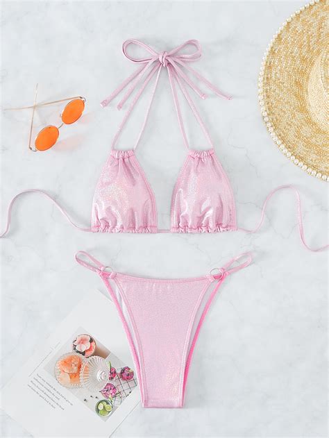 Conjunto De Bikini Con Purpurina Halter Micro Triangle Bra Ring Linked Cheeky Bottom Traje De