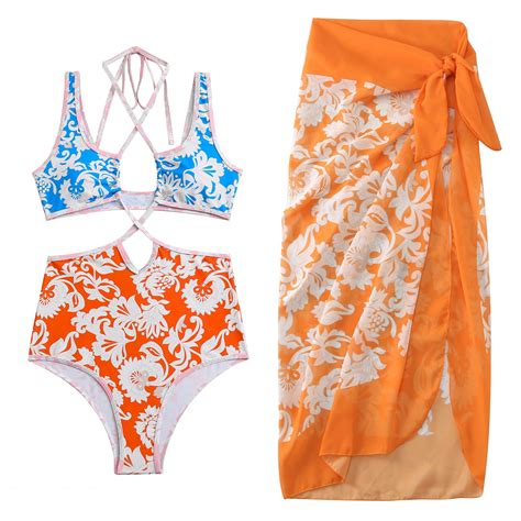 Ibtom Castle Women S Pieces Swimsuit Floral Printed Bikini Set Bathing Suit With Cover Up