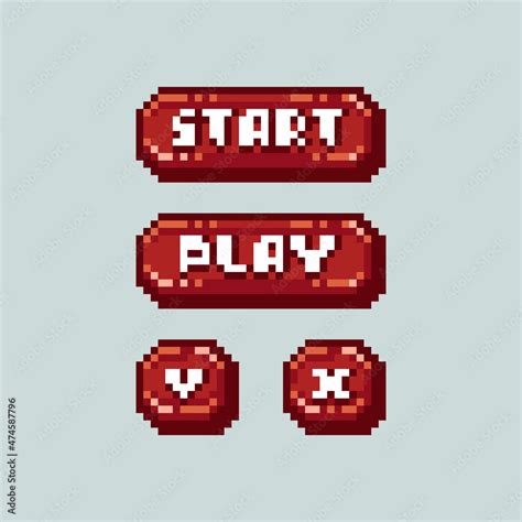 Pixel Art Game Interface Red Ui Buttons And Symbols Vector Set Start