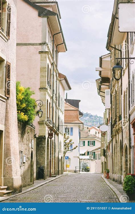 Small European Street, Old Town. Lutry, Switzerland Stock Image - Image ...