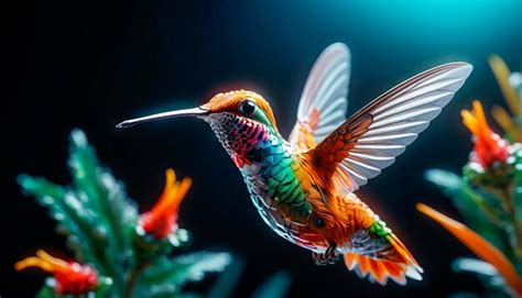 Premium Photo Bright Hummingbird Bird Over A Flower On A Dark Background