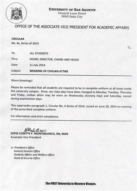 memo   uniform policy usa student council