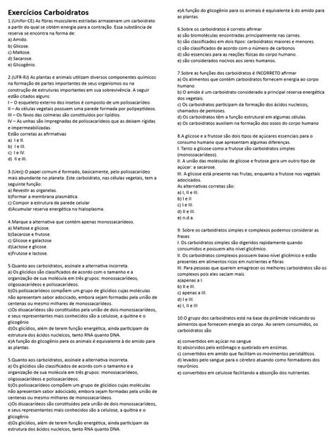 Exercicio Sobre Carboidratos - Exercícios sobre Carboidratos | PDF | Carboidratos | Frutose