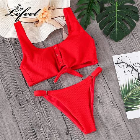 Big Discount Lefeel Sexy Two Piece Bikini Set Solid Swimwear Low