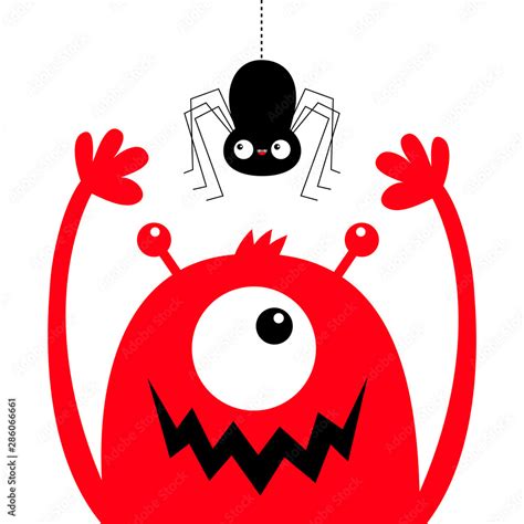 Monster head face red silhouette. Hanging spider. One eye, teeth fang ...