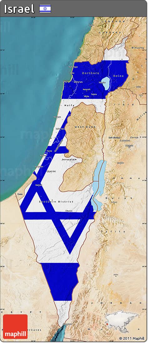 Free Flag Map of Israel, satellite outside, flag centered