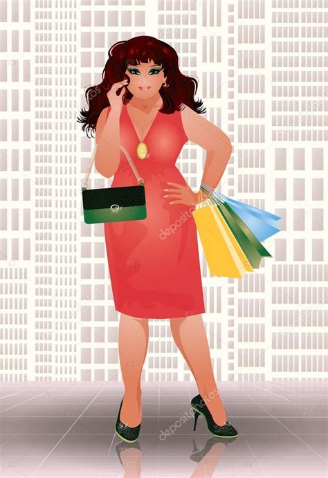 Plus Size Shopping Woman In Red Dress Vector Illustration Stock