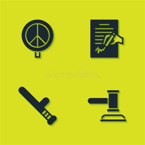 Set Peace Judge Gavel Police Rubber Baton And Petition Icon Vector