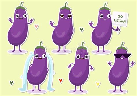 Vector Illustration Of Eggplant Character Stickers With Various Cute