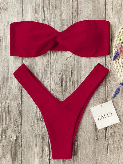 Twist Front Bandeau Thong Bikini RED Bikinis M ZAFUL