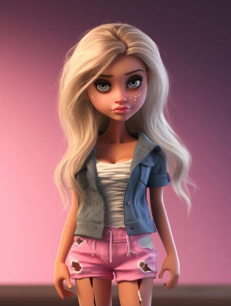 Premium Photo Doll In Pink And Ripped Shorts Wears Her Long Blonde Hair In The Style Of