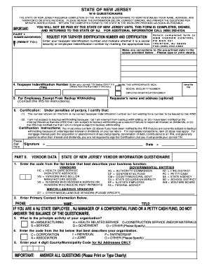 Fillable Online State Nj W 9 QUESTIONNAIRE INSTRUCTIONS The Enclosed