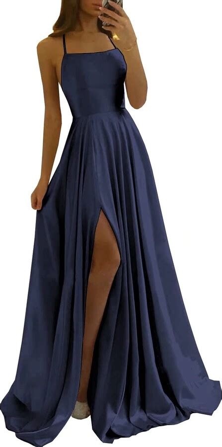 Dumoo Split Formal Evening Gowns Spaghetti Straps Satin Prom Dresses