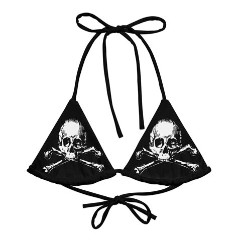 Skull Crossbones String Bikini Top Gothic Black Skeleton Swimwear For Poolside Beach Or
