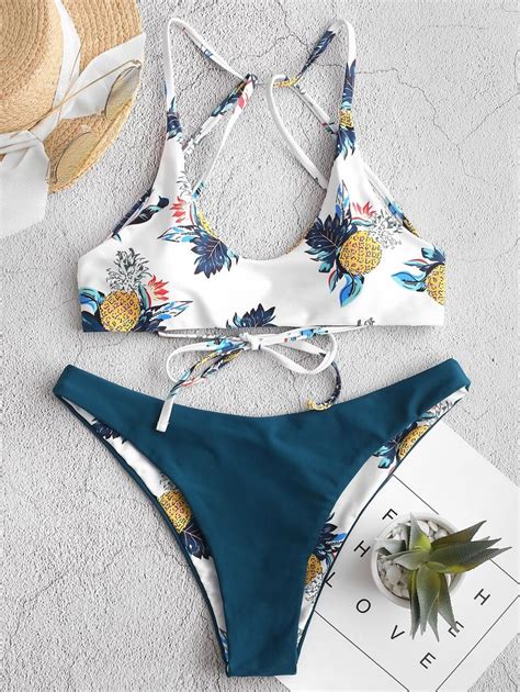 Zaful Pineapple Strappy Reversible Bikini Swimsuit Hazel Green Peacock