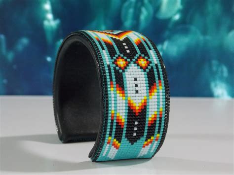 Native American Beaded Turquoise Chevron Cuff Bracelet Southwestern