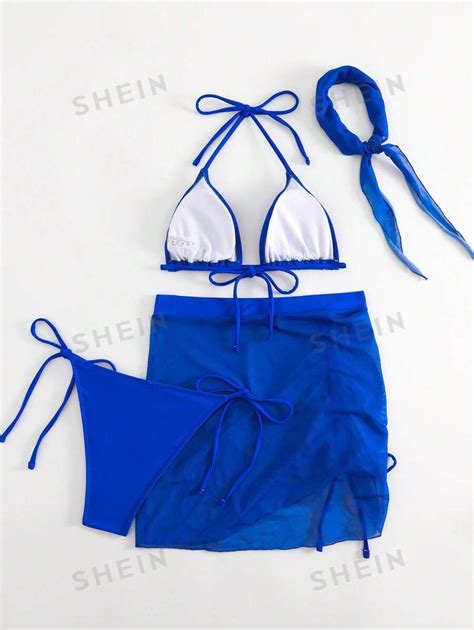 SHEIN Swim Basics liso Bañador bikini triángulo halter con falda de