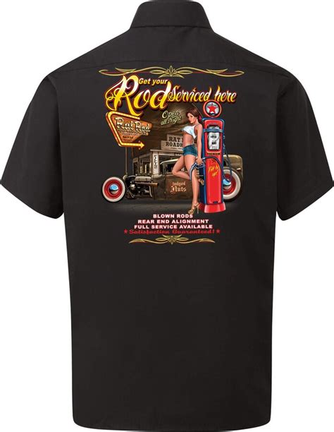 Velocitee Speed Shop Mens Mechanic Garage Work Shirt Get Your Rod Serviced Hot Rat Pin Up