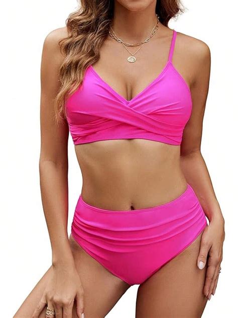 Edelqual Women S High Waisted Bikini Sets Two Piece Swimsuit Tummy Control Bathing Suit V Neck