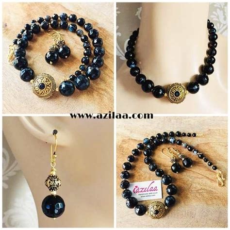 Ethnic Black Agate Gemstone Handmade Antique Gold Tone Necklace At