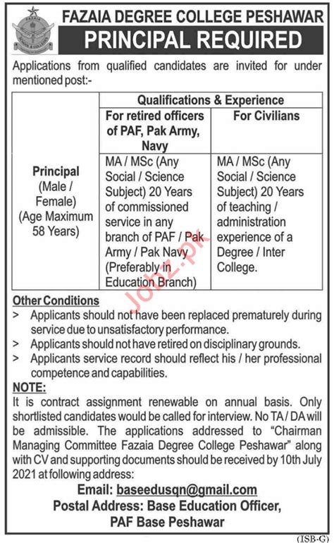 Fazaia Degree College Paf Base Peshawar Jobs 2021 Principal 2024 Job