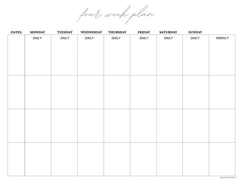Four Week Plan Template - Etsy