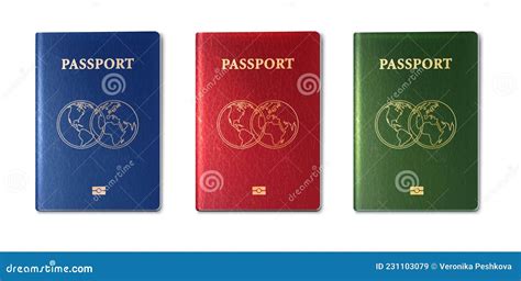 Realistic Vector Collection Of Passports Green Red And Blue Stock