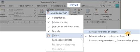 Word 2013 Opciones de visualización de revisiones