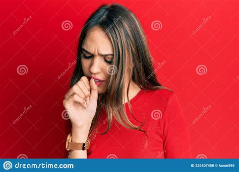 Young Brunette Woman Wearing Casual Clothes Feeling Unwell And Coughing