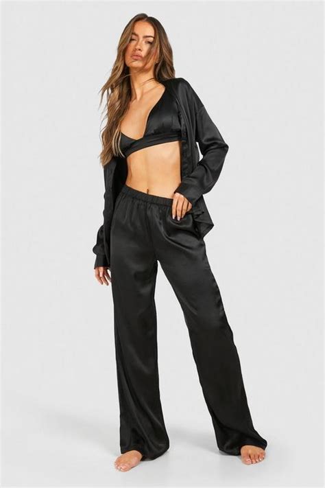 Satin 3 Piece Trouser Pyjama Set Boohoo Uk