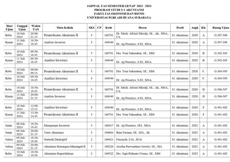 JADWAL UAS SEMESTER GENAP 2023 2024 PROGRAM STUDI S 1 AKUNTANSI