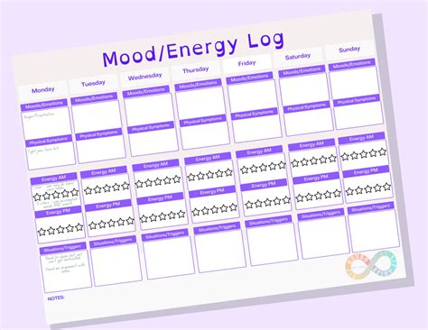 Mood and Energy Printable Log for Mental Wellness, Mood Tracking