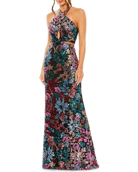 Mac Duggal Sequin Embellished Crossover Halter Neck Gown In Blue Lyst