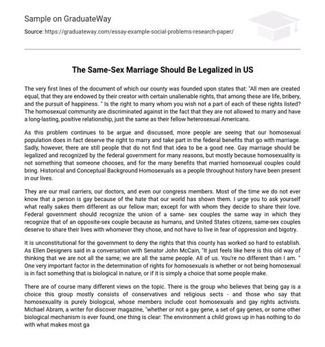 The Same Sex Marriage Should Be Legalized In Us Essay Example Graduateway