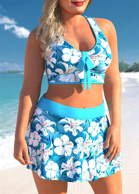 ROTITA Floral Print High Waisted Cyan Bikini Set Rotita USD 34 98