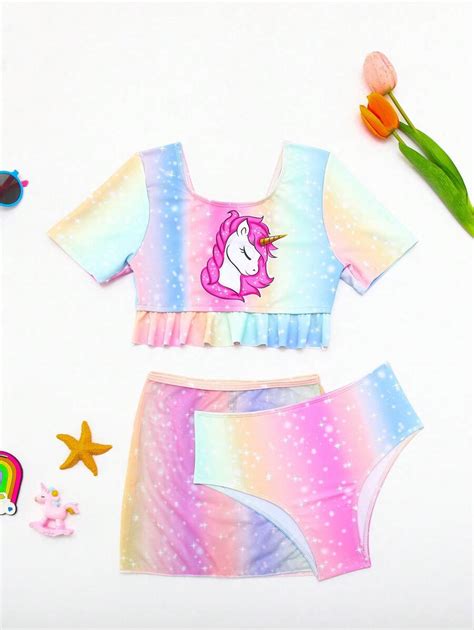 Conjunto De Bikini De Manga Corta Con Estampado De Unicornio Degradado Para Ni A Preadolescente
