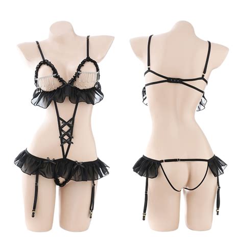 Jual JK1489BK Sexy Lingerie Bodysuit Garter Set Open Bust Costume Hot Dewasa Sexy Lingerie